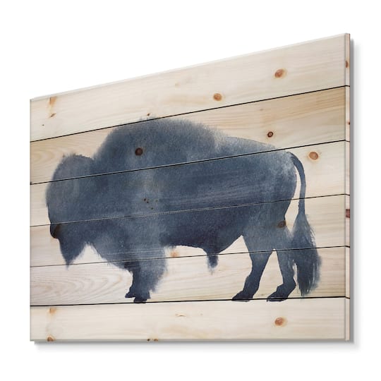 Designart - Navy Blue Bison Silhouette - Farmhouse Print on Natural Pine Wood